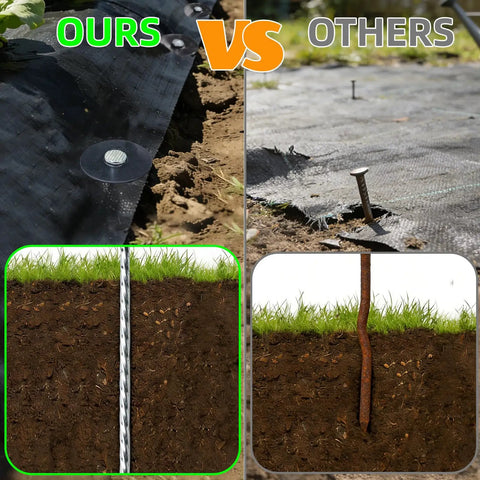 Comparison of Heavy Duty 12 Inch Galvanized Landscape Stakes with Gasket Caps on the left vs rusty spiral spike on the right.