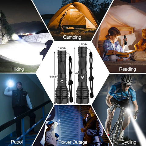 Rechargeable 10000 Lumen LED Tactical Flashlight With 5000mAh Battery, Beast Mode Brightness displayed for varied outdoor activities.