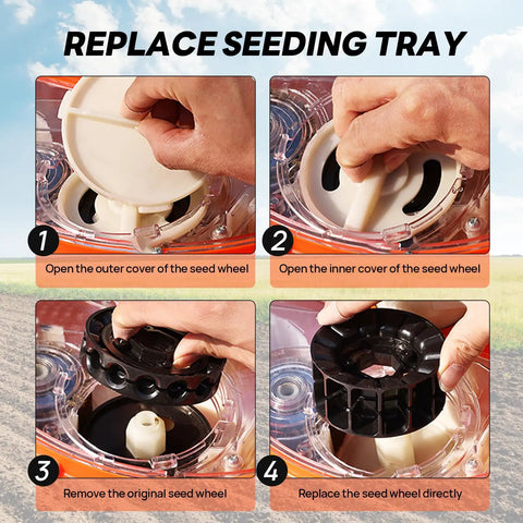 Steps to replace seeding tray in Hand Push Seeder With Visible Seed Hopper Equidistant 10 Stainless Steel Duckbill Seed Dispenser.