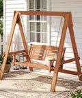 Two Seater Porch Swing With Stand, Solid Wood Patio Loveseat With Adjustable Chains, Built In Backrest And Armrests