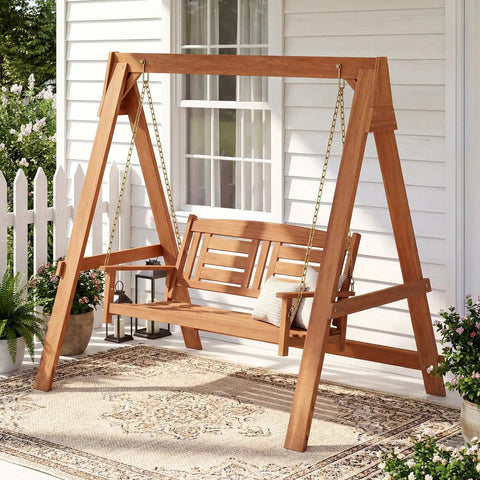 Two Seater Porch Swing With Stand, Solid Wood Patio Loveseat With Adjustable Chains, Built In Backrest And Armrests