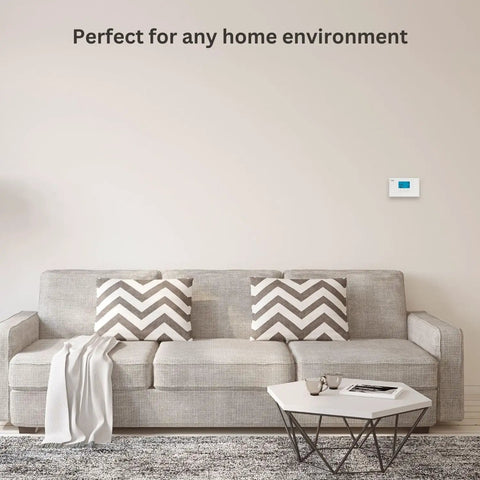 Living room with Programmable Thermostat 5-2 Day Schedule With Selectable Smart Recovery for All HVAC Systems on wall