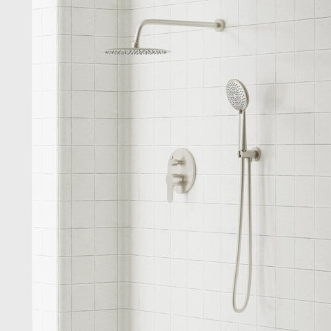 Heavy Duty Shower System With A Ten Inch Rain Shower Head And Adjustable Handheld Mount In Glossy Brushed Nickel Featuring A Precision Pressure Balance Valve For Zero Drip Drama And Solid Brass Fixtures That Run Smooth Daily