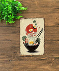 Funny Vintage Ramen Bowl Metal Sign Wall Art 8x12 Inches Tin Sign, noodle design on rustic wood background
