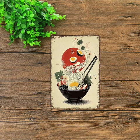 Funny Vintage Ramen Bowl Metal Sign Wall Art 8x12 Inches Tin Sign, noodle design on rustic wood background