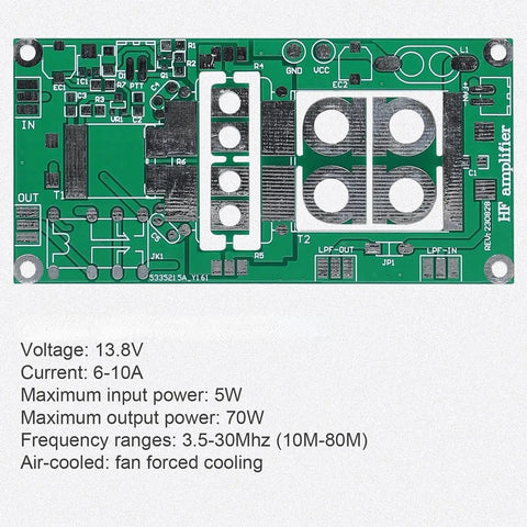 DIY SSB Linear Power Amplifier Kit 3.5-30 MHz circuit board showing components and specifications with 5W input and 70W output