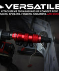 Pneumatic Rivet Gun Drill Adapter in red, attached to drill for versatile use with quarter inch capability and 8 nosepieces.