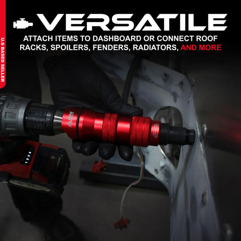 Pneumatic Rivet Gun Drill Adapter in red, attached to drill for versatile use with quarter inch capability and 8 nosepieces.