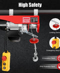 Heavy Duty 440 Lbs Electric Hoist Winch with Remote Control And Emergency Stop, showing motor, hook, and safety features.