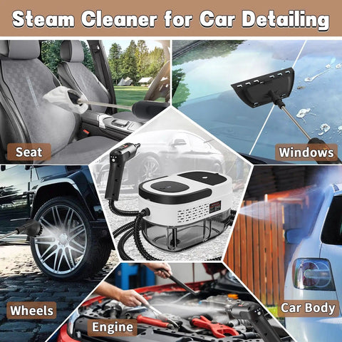 Beast 2500W Portable Steam Cleaner with high temperature steam cleaning car seats, windows, wheels, and engine parts.