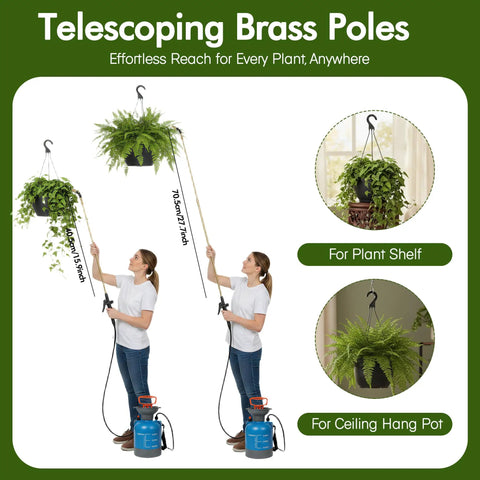 Woman using Telescoping Indoor Plant Waterer with Pump Sprayer Brass Wand and 180 Degree Adjustable Nozzle for hanging basket