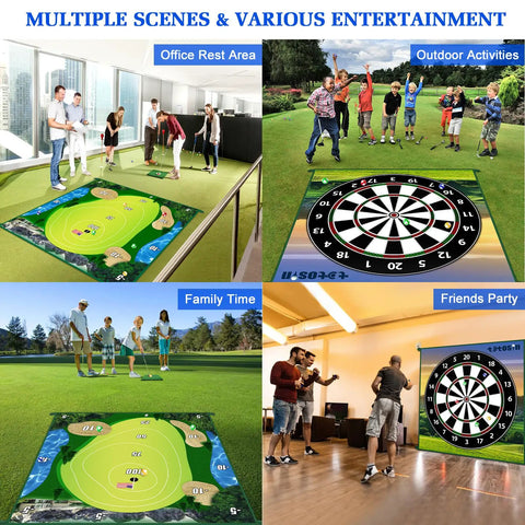 Chipping Golf Game Set With Hitting Mat And Double Sided Practice Mat 70 By 70 Inch Indoor Outdoor Training Kit displayed in various settings.
