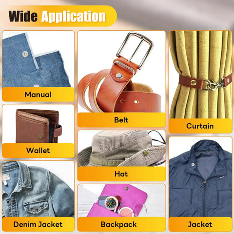 Image showing wide application of Heavy Duty Snap Button Press Kit With Carbon Steel Pliers for crafting on belts, jackets, hats, and more.