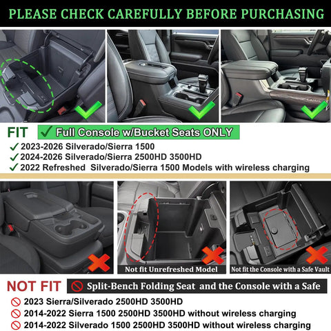 Image showing Full Center Console Organizer With Wireless Charging for 2022-2026 Chevy Silverado and GMC Sierra with fit instructions.