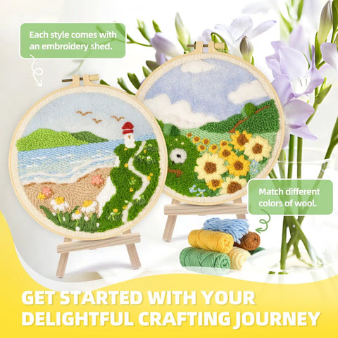 Beginner Punch Needle Kit For Adults With All Tools And Materials Easy To Follow Instructions And Video Tutorials Linen With Water Soluble Pattern Complete Starter Embroidery Set For Spring Bloom Designs, two hoops with landscape designs