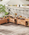 Dope Patio Wood Storage Cabinet For Outdoor Kitchen Acacia Buffet With Marble Style Countertop Open Shelf And Two Doors Sideboard Organizer