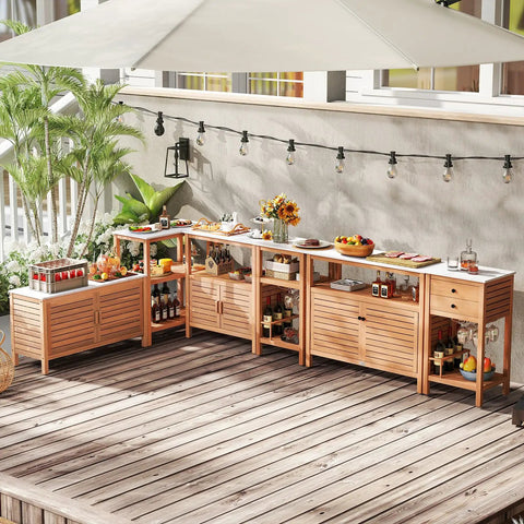 Dope Patio Wood Storage Cabinet For Outdoor Kitchen Acacia Buffet With Marble Style Countertop Open Shelf And Two Doors Sideboard Organizer