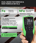 Coating Thickness Gauge Pro Grade For Automotive And Industrial QC With 0.1 Micron Resolution Fe And NFe Auto Detection External Probe For Steel And Aluminum 0 To 1250 Micrometers held over metal surface
