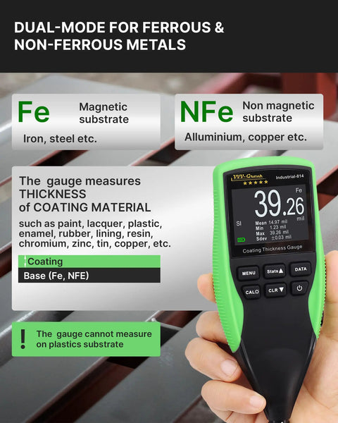 Coating Thickness Gauge Pro Grade For Automotive And Industrial QC With 0.1 Micron Resolution Fe And NFe Auto Detection External Probe For Steel And Aluminum 0 To 1250 Micrometers held over metal surface