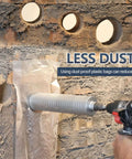 Diamond dry-core drill bit, 2.5-inch, mounted on hammer drill, drilling concrete wall with dust bag