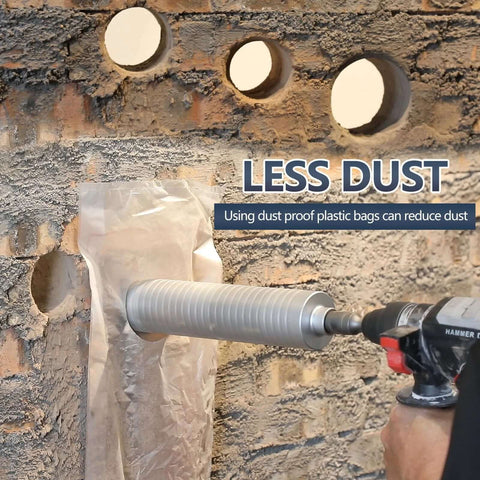 Diamond dry-core drill bit, 2.5-inch, mounted on hammer drill, drilling concrete wall with dust bag