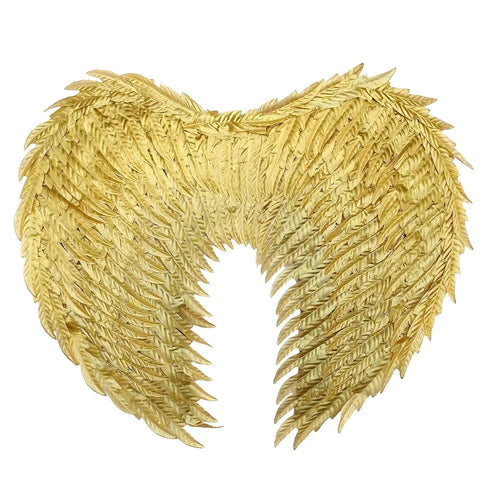 Gold Foil Angel Wings With Straps For Dope Cosplay And Halloween Lightweight White Feather Wing Costume Accessory With Shimmering Gilded Look Easy Wear Wing Set For Parties And Photo Ops, featuring gold feathers.
