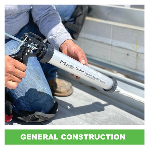 Person using B-Line 20 Oz Manual Sausage Caulking Gun With 12:1 Drive Pro Grade Heavy Duty Aluminum Barrel on construction site