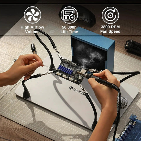 Magnetic Helping Hands Soldering Station with solder fume extractor and 360 hot air gun holder in use, PCB work