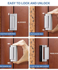 Close-up sequence showing how to use Six Pack Home Security Door Lock Reinforcement Kit With 48 Screws for easy locking and unlocking.