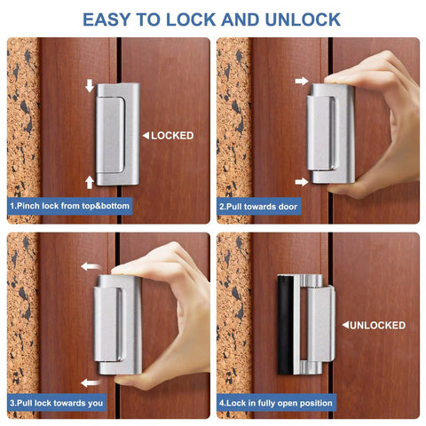 Close-up sequence showing how to use Six Pack Home Security Door Lock Reinforcement Kit With 48 Screws for easy locking and unlocking.
