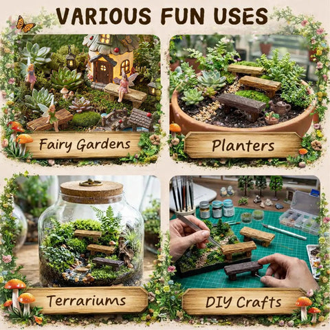 18 Pc Dope Mini Resin Bench Set For Fairy Garden Dollhouse Accessories Park Decor And Mini Landscape Scenes displayed in garden, planter, terrarium, and craft settings.