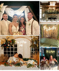 Collage of wedding receptions with various neon signs including 'The Wagners', 'Forever Kiss', and cozy seated guests.