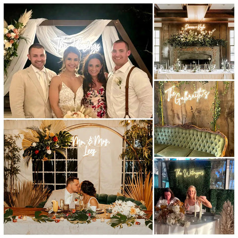 Collage of wedding receptions with various neon signs including 'The Wagners', 'Forever Kiss', and cozy seated guests.