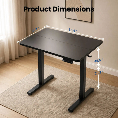 ExaDesk 35 By 20 Inch Electric Standing Desk Compact Height Adjustable Sit Stand Workstation Ergonomic Small Space Home Office Bedroom Black Smooth Motor dimensions shown on top.