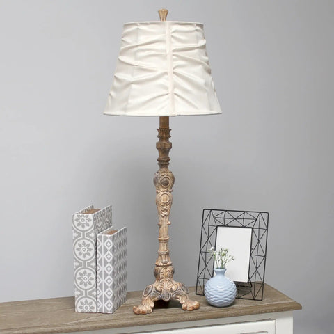 Antique Style Buffet Table Lamp With Cream Ruched Shade, Resin Base In Antique Cream Finish, displayed on wooden console table.