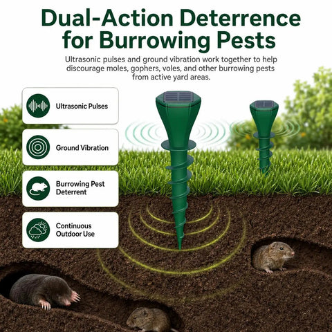 Solar Powered Mole Repellent Stakes With Ultrasonic Pulses And Ground Vibration diagram in garden deterring pests with moles visible