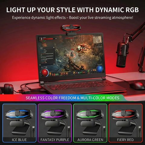 Crisp 1080P Webcam With Bangin Mic And Slick RGB Glow For Seamless Streaming Smart lighting effects on gaming setup.