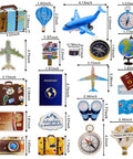 Adventure Travel Cake Topper Set For Party Decor includes suitcase, airplane, camera, compass, and more themed toppers with sizes.