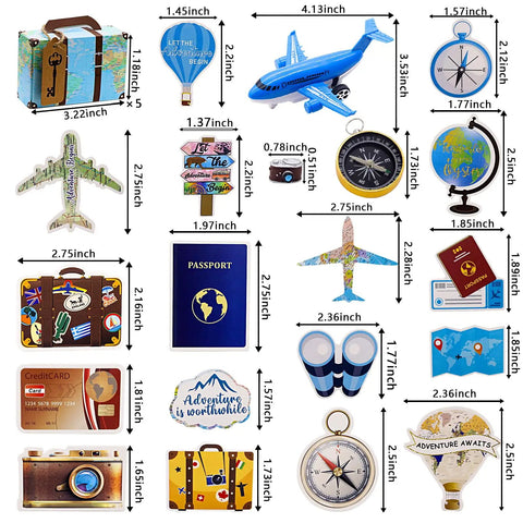 Adventure Travel Cake Topper Set For Party Decor includes suitcase, airplane, camera, compass, and more themed toppers with sizes.