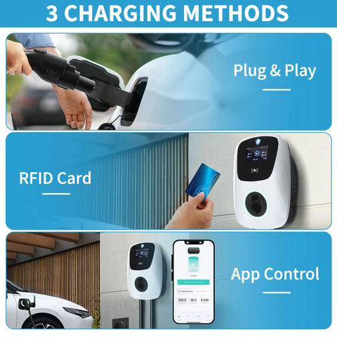 Level 2 EV Charger 240V 48A J1772 Electric Vehicle Charger With NEMA 14-50 Plug And Tesla Adapter App Control RFID Card WiFi 24Ft Cable Indoor Outdoor Fast Charging Station showing three charging methods: plug & play, RFID card, and app control.