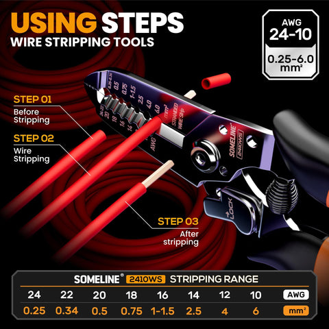 Insulated Wire Terminal Crimp Kit With 45 Types And 315 Pcs, Ratcheting Crimp Tool For AWG 22 10, showing wire stripping steps