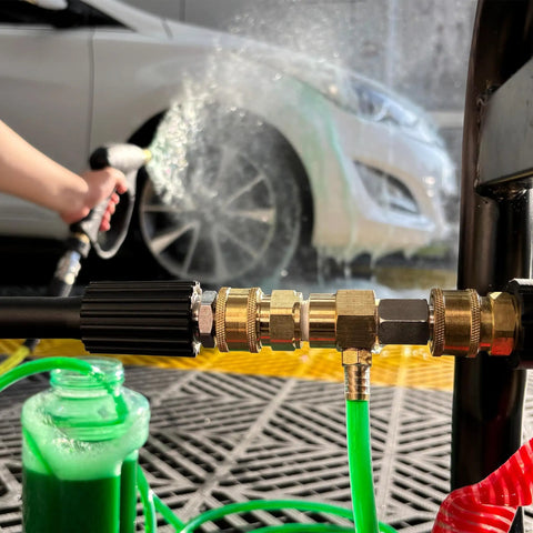 Downstream Injector For Pressure Washer With 3/8 Inch Quick Connect And 10 Ft Siphon Hose in use cleaning a car