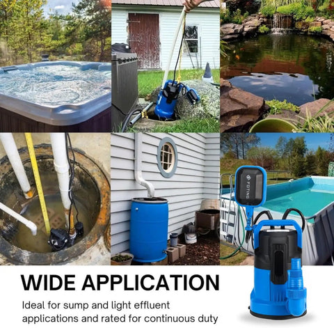 Half Horsepower Sump Pump with 4900 GPH shown used for pool, hot tub, garden pond, basement, and utility applications.