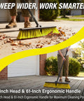 Heavy Duty 18 Inch Push Broom With Adjustable Metal Handle And Stiff Flagged Bristles sweeping leaves off a patio.