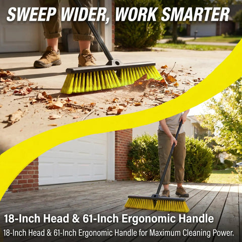 Heavy Duty 18 Inch Push Broom With Adjustable Metal Handle And Stiff Flagged Bristles sweeping leaves off a patio.