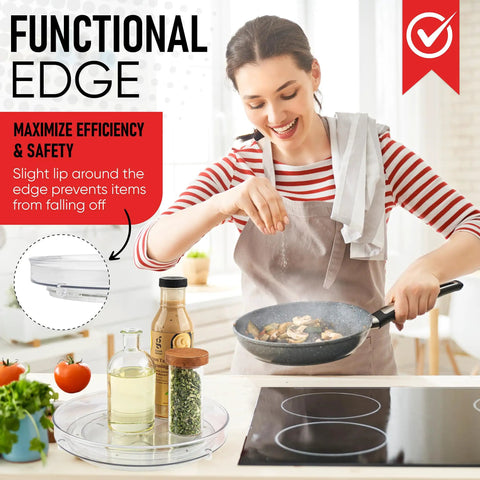 Clear 9 Inch Lazy Susan Turntable For Cabinet with cooking ingredients next to woman frying food.