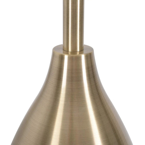 Close-up of tall antique brass base, Droplet Table Lamp In Antique Brass Finish With Tall White Drum Shade Dope Modern Living Room Accent Light
