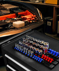 Heavy Duty ABS Socket Organizer Rack With Nine Piece Set For One Half Inch Three Eighth Inch And One Quarter Inch Drives Holds Thirty Six Forty Five And Forty Eight Sockets Premium Quality Clip Rail Tool Tray For Garage Or Shop Organization shown on workbench in garage.