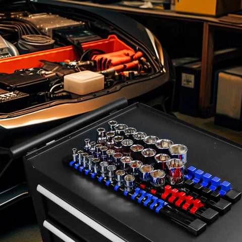 Heavy Duty ABS Socket Organizer Rack With Nine Piece Set For One Half Inch Three Eighth Inch And One Quarter Inch Drives Holds Thirty Six Forty Five And Forty Eight Sockets Premium Quality Clip Rail Tool Tray For Garage Or Shop Organization shown on workbench in garage.