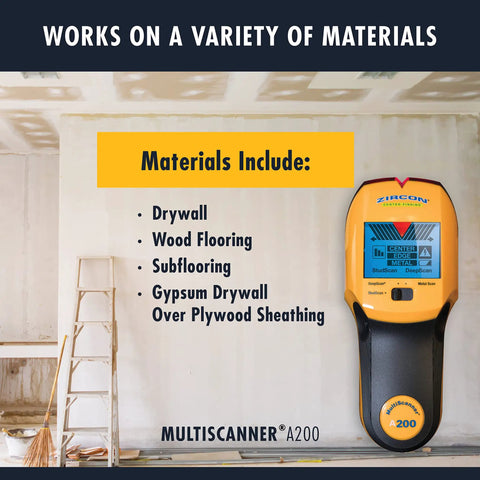 MultiScanner A200 Electronic Wall Scanner Stud Finder And Metal Detector With Live AC Wire Detection displayed next to ladder